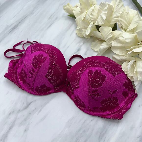 Victoria’s Secret Very Sexy Push Up Bra 34C Metallic Fuchsia Pink Lace Underwire - Picture 3 of 13